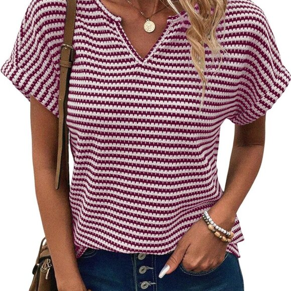 Women's Casual V-Neck Striped Top - Large, Red Stripe - Picture 1 of 5